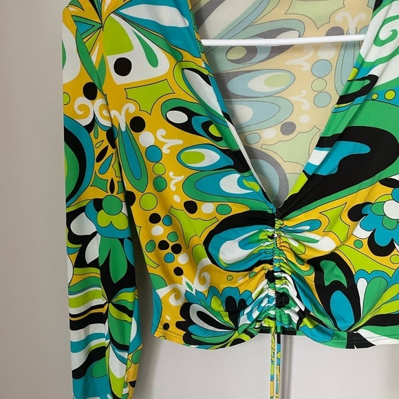 Zara Yellow Green 70’s Groovy Long Sleeve Crop Blouse - Picture 3 of 7